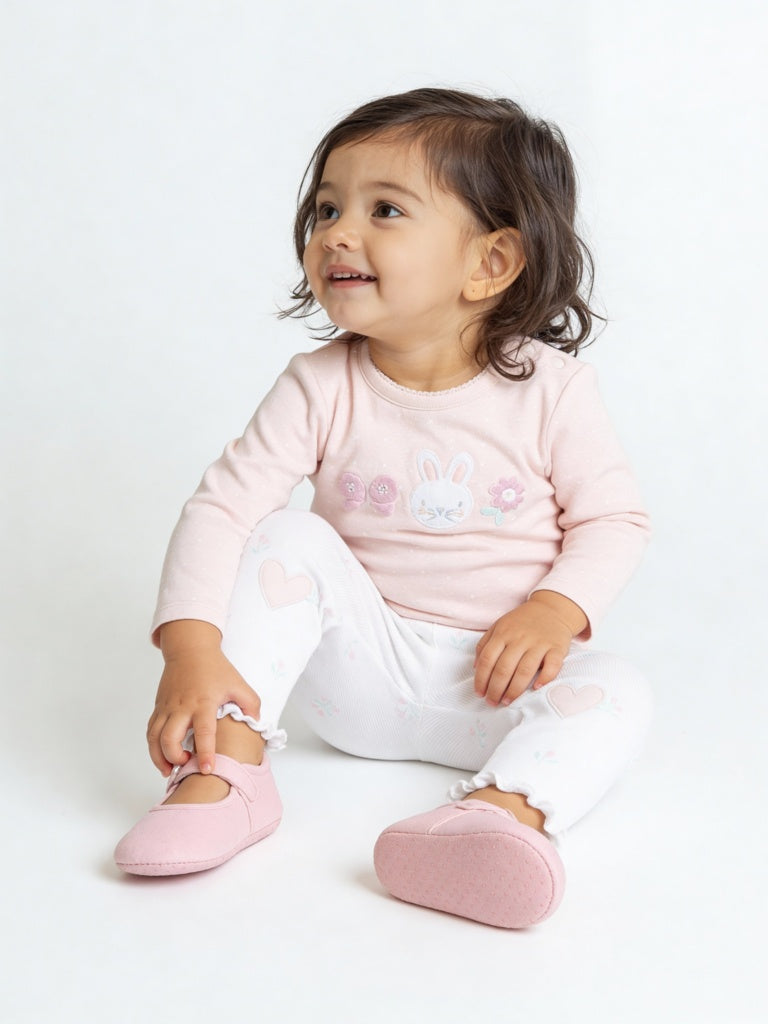 HOP Baby Girls Pink Printed Cotton T-Shirt and Pants Set