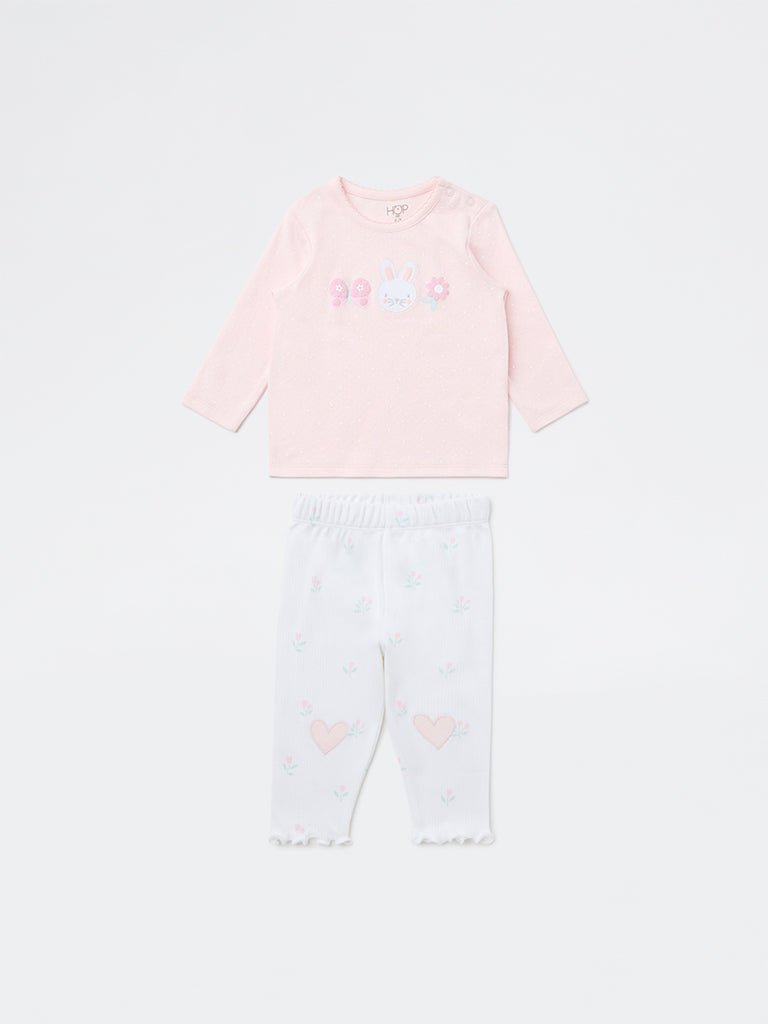 HOP Baby Girls Pink Printed Cotton T-Shirt and Pants Set