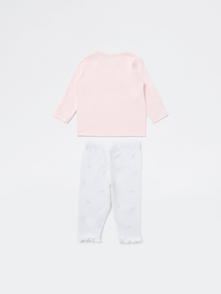 HOP Baby Girls Pink Printed Cotton T-Shirt and Pants Set