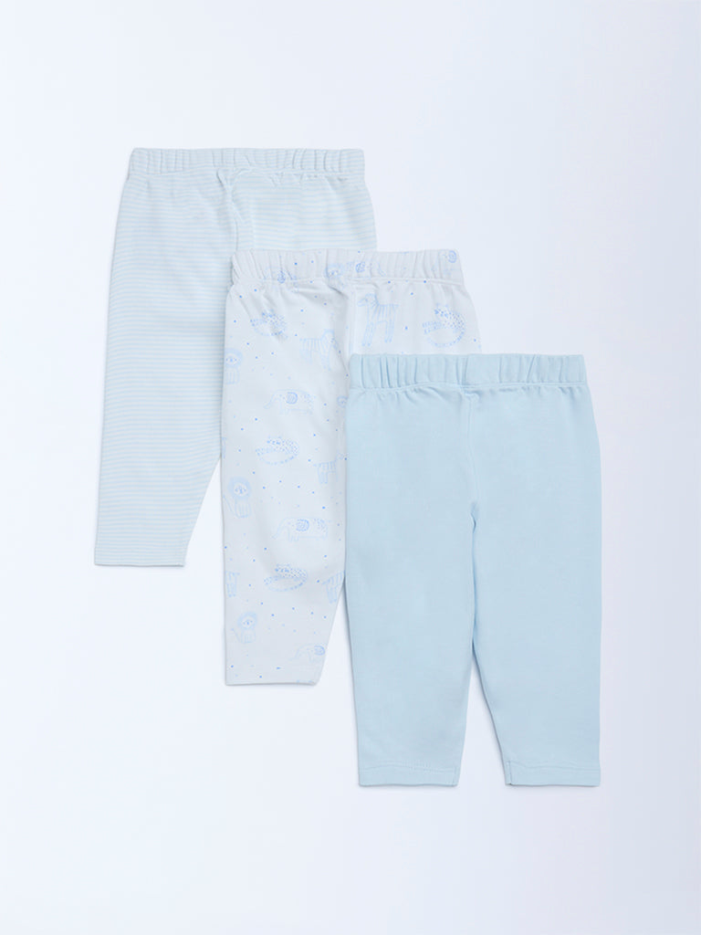 HOP Baby Boys Blue Printed Mid-Rise Cotton Pants - Pack of 3