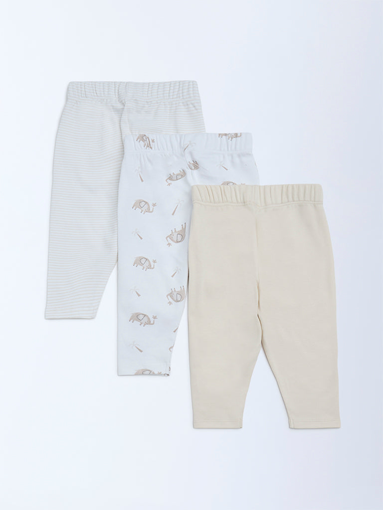 HOP Baby Boys Beige Printed Mid-Rise Cotton Pants - Pack of 3