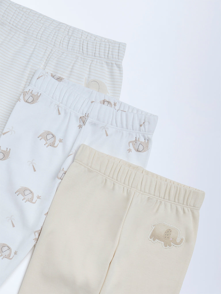 HOP Baby Boys Beige Printed Mid-Rise Cotton Pants - Pack of 3