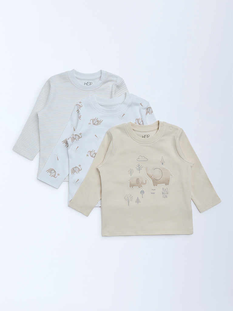 HOP Baby Boys Beige Printed Cotton T-Shirts - Pack of 3
