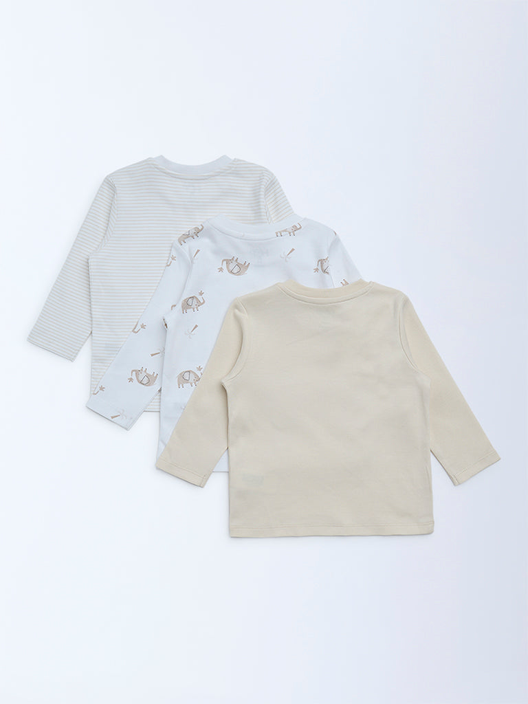 HOP Baby Boys Beige Printed Cotton T-Shirts - Pack of 3