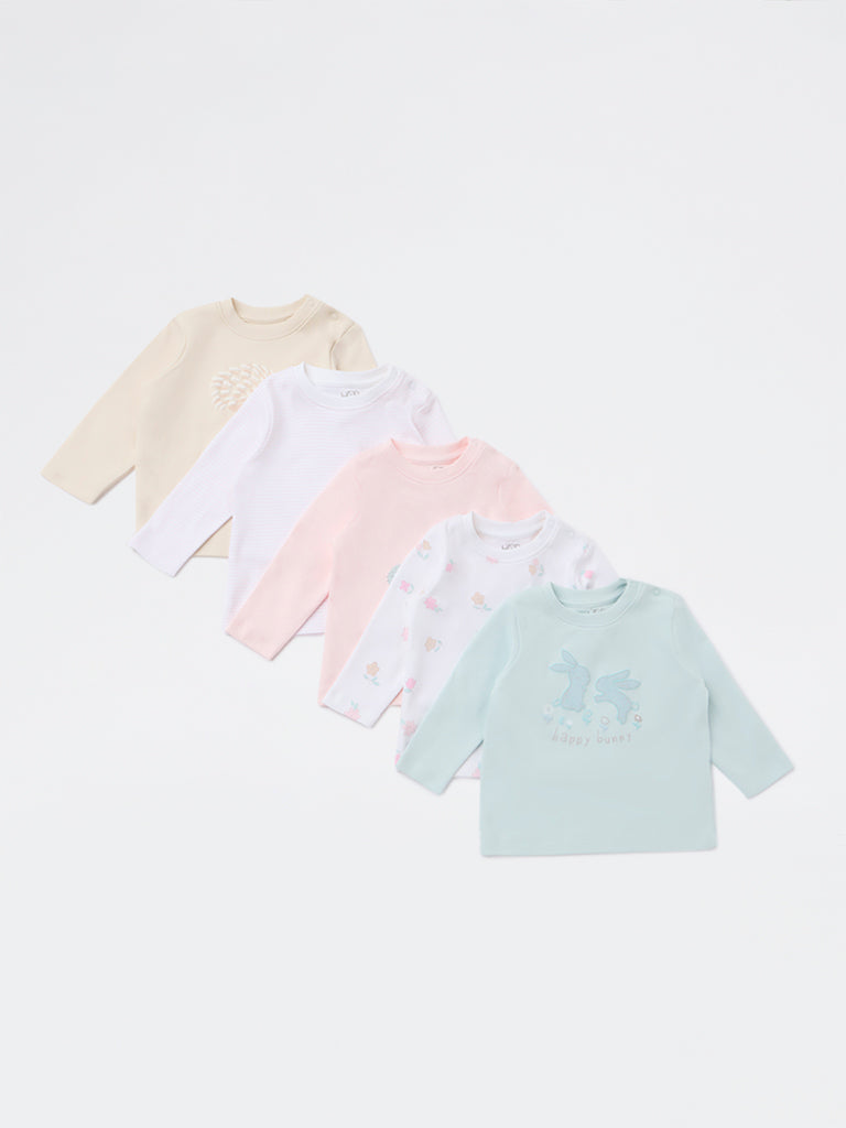 HOP Baby Girls Multicolour Printed Cotton T-Shirts - Pack of 5