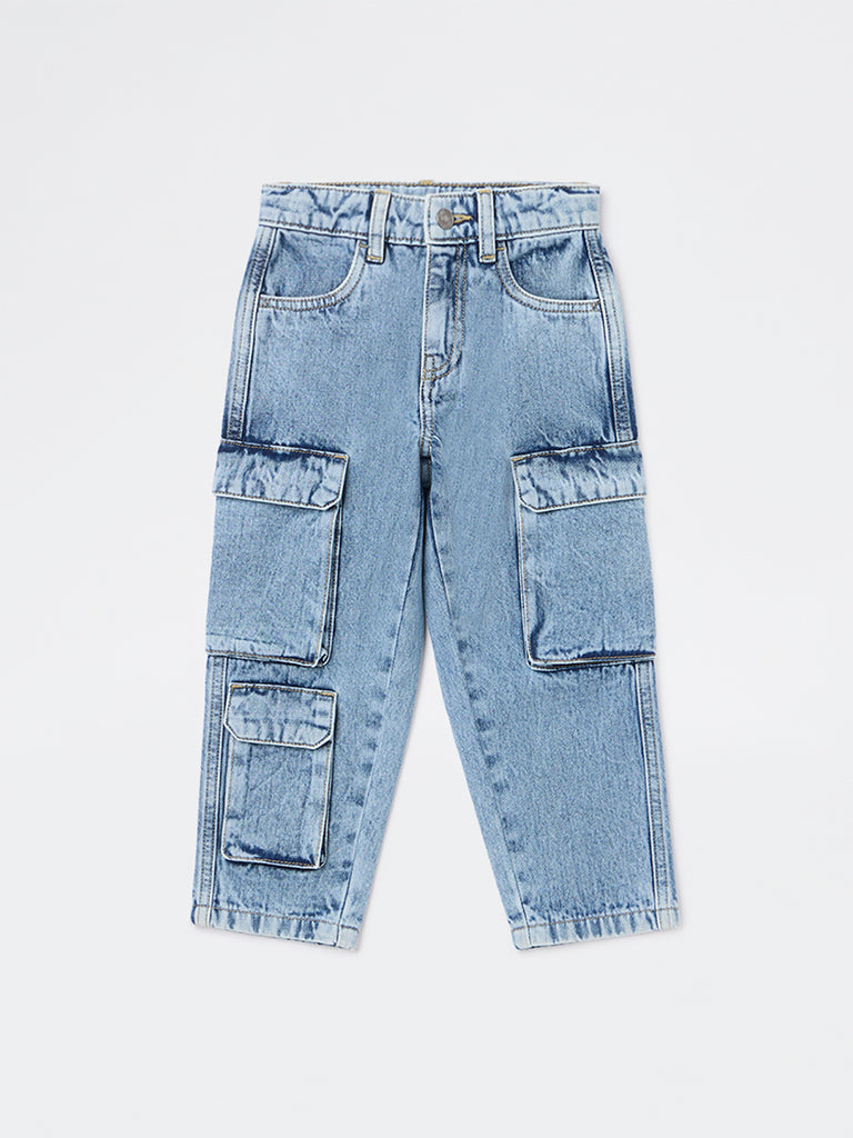 HOP Kids Boys Light Blue Washed Cargo-Style Mid-Rise Jeans