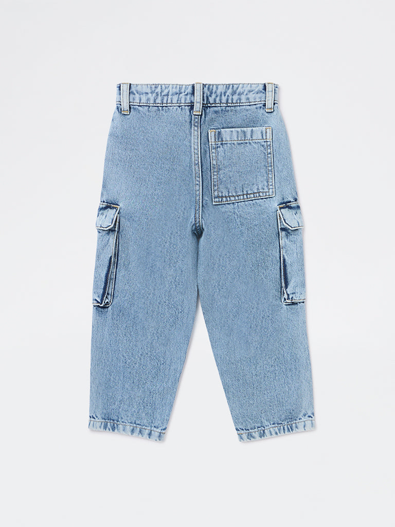 HOP Kids Boys Light Blue Washed Cargo-Style Mid-Rise Jeans
