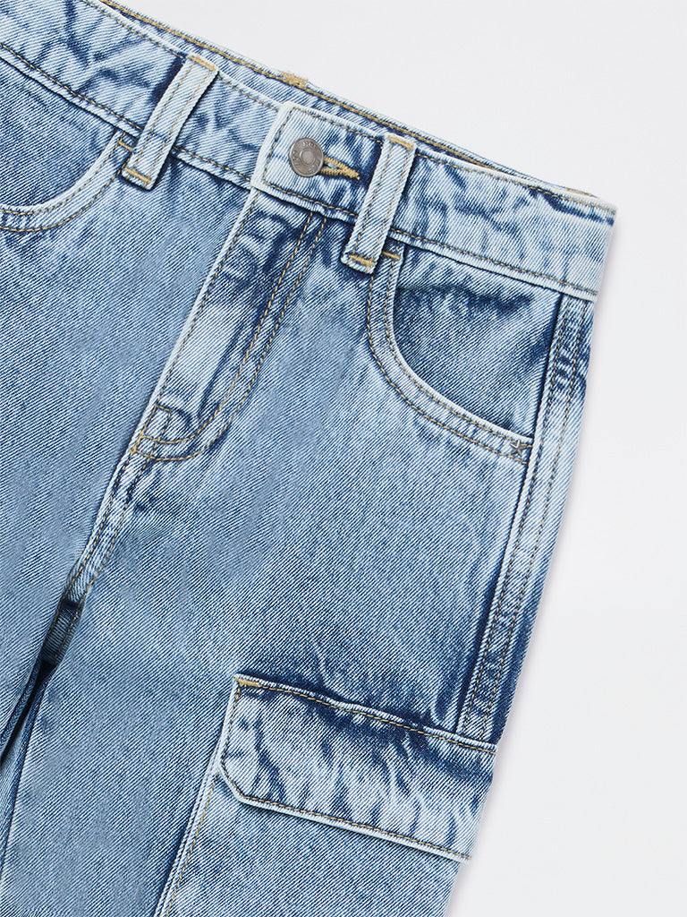 HOP Kids Boys Light Blue Washed Cargo-Style Mid-Rise Jeans