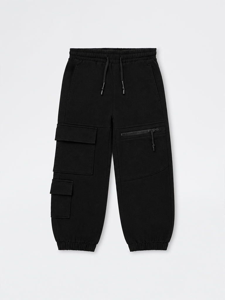 HOP Kids Boys Black Cargo-Style Mid-Rise Cotton-Blend Joggers
