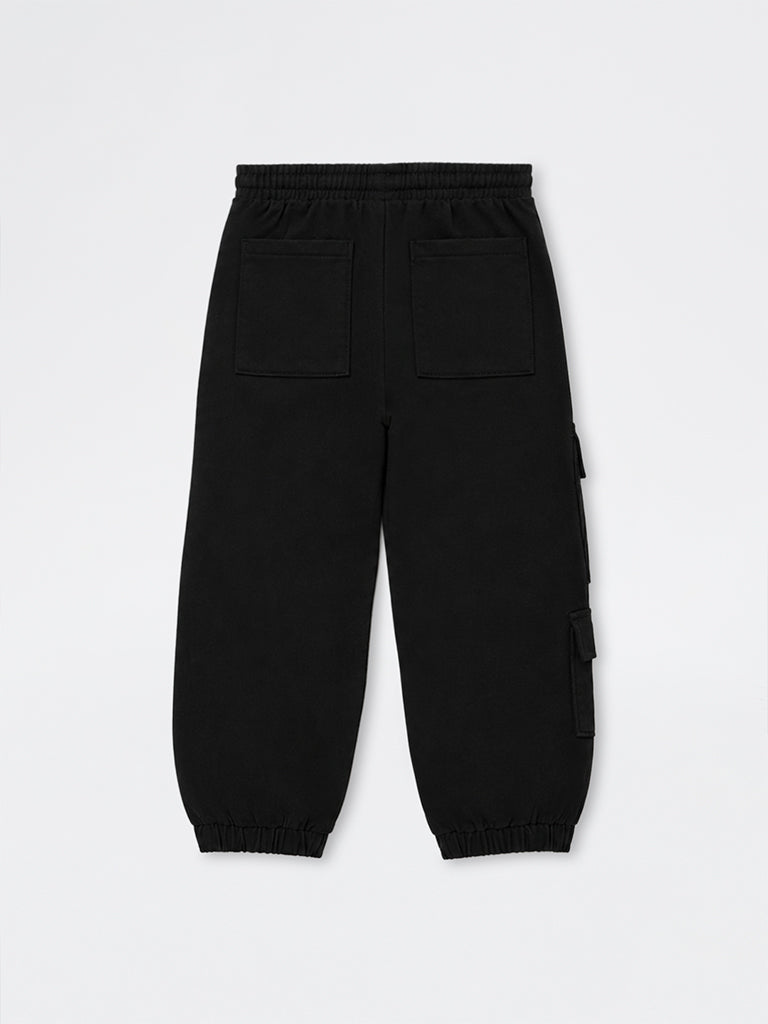 HOP Kids Boys Black Cargo-Style Mid-Rise Cotton-Blend Joggers