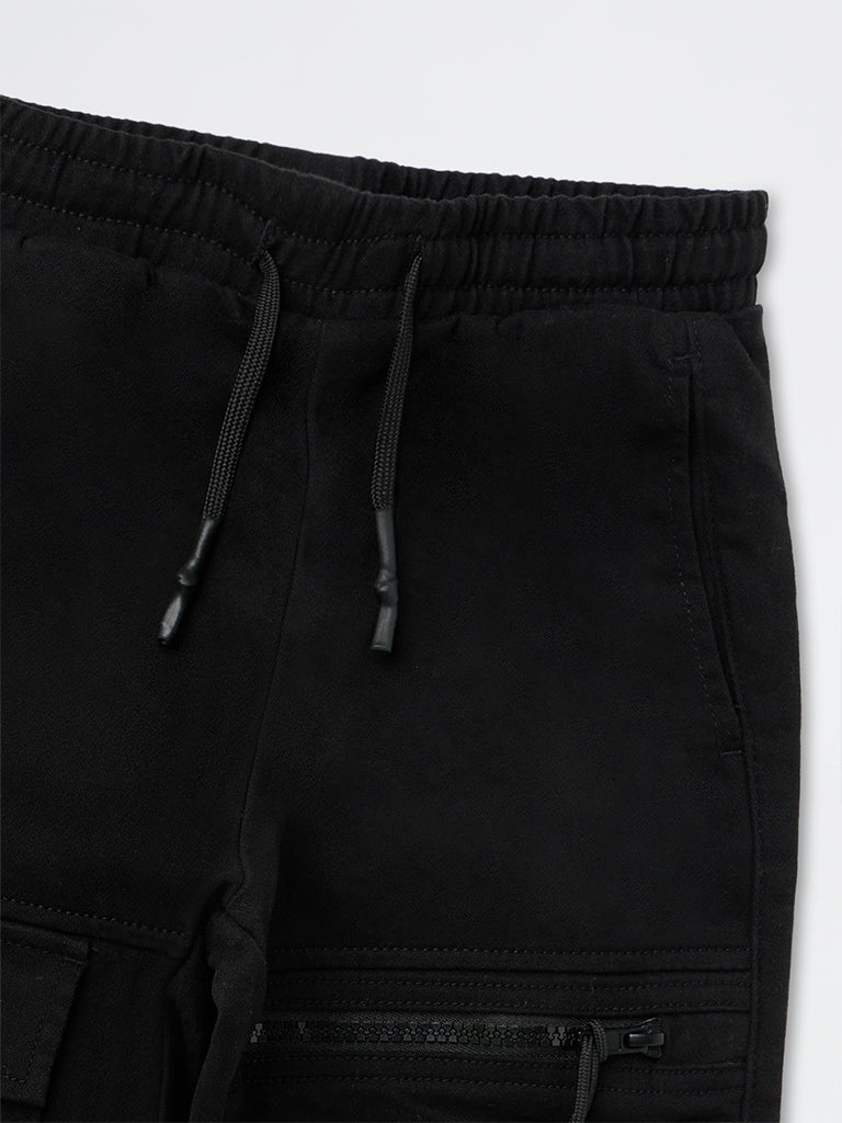 HOP Kids Boys Black Cargo-Style Mid-Rise Cotton-Blend Joggers