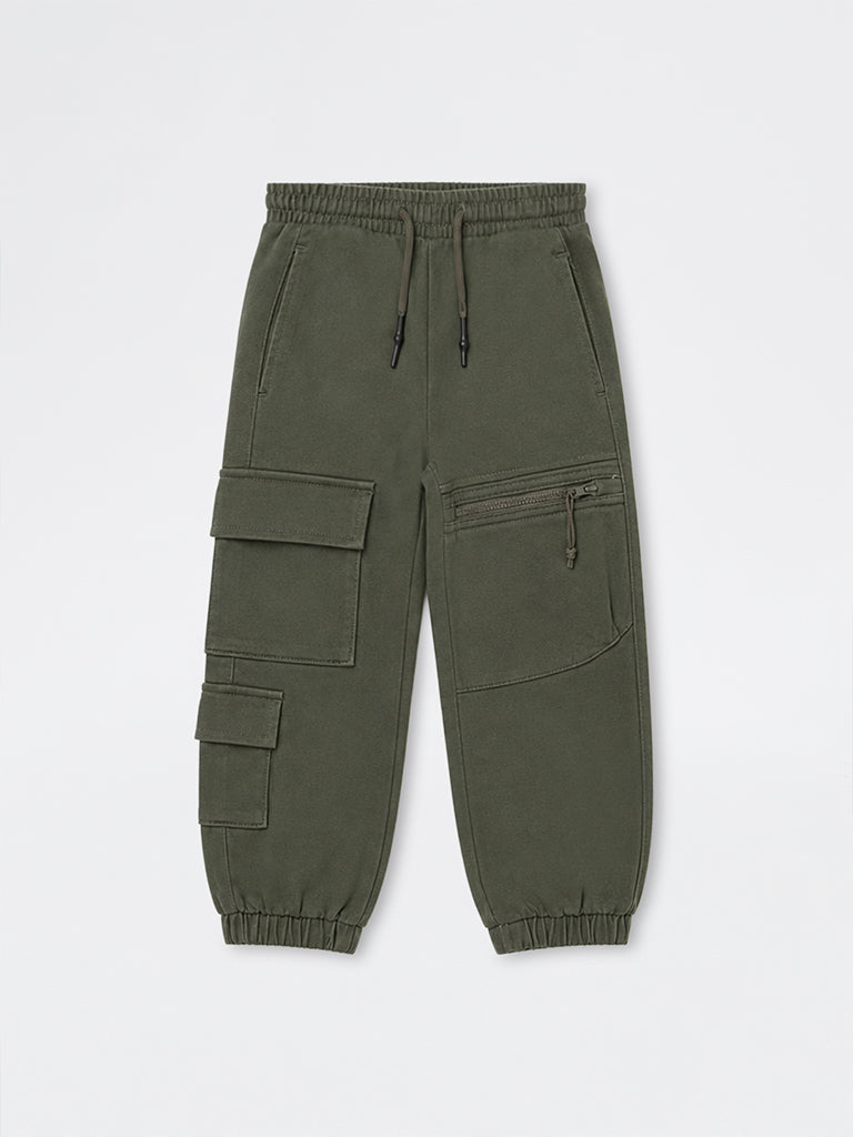 HOP Kids Boys Olive Cargo-Style Mid-Rise Cotton-Blend Joggers
