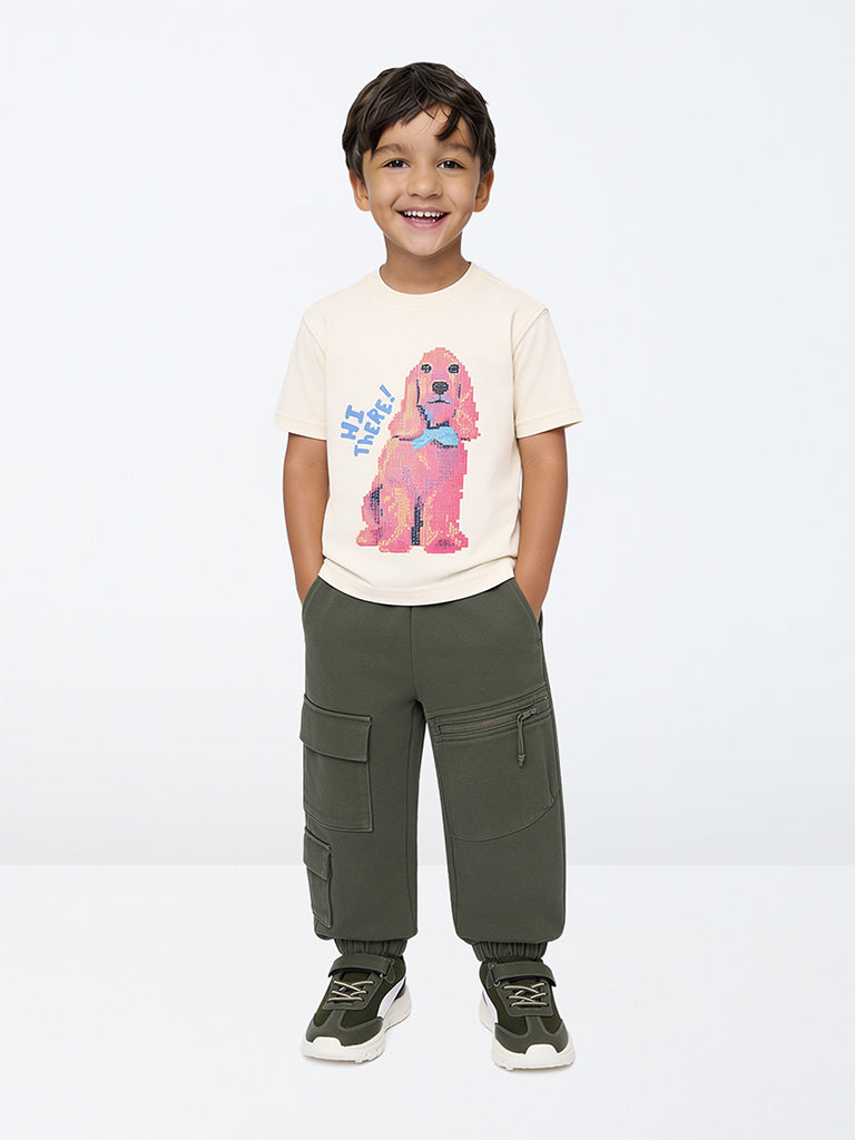 HOP Kids Boys Olive Cargo-Style Mid-Rise Cotton-Blend Joggers