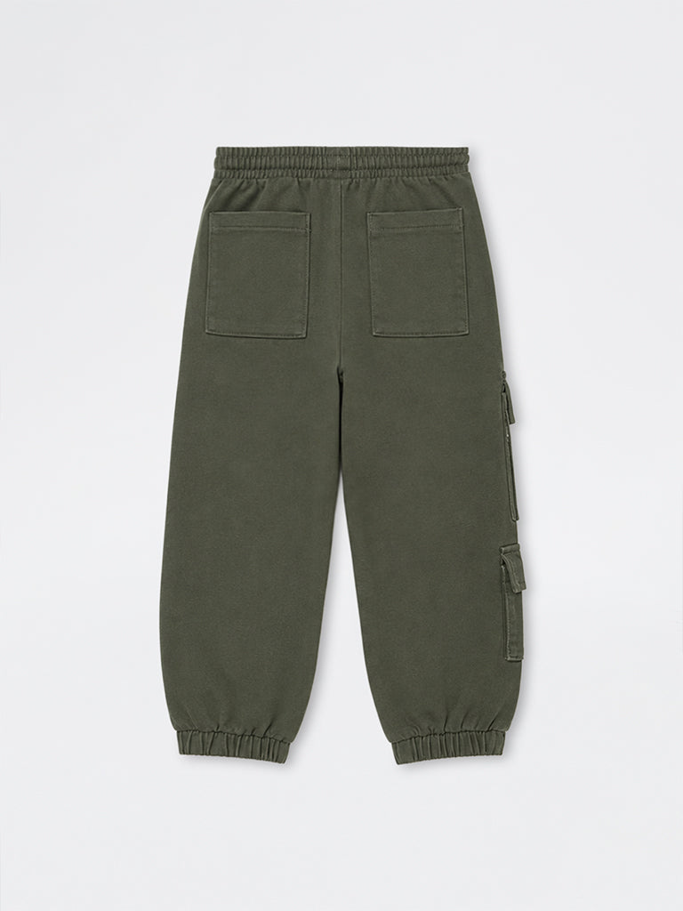 HOP Kids Boys Olive Cargo-Style Mid-Rise Cotton-Blend Joggers