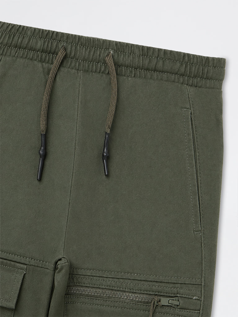HOP Kids Boys Olive Cargo-Style Mid-Rise Cotton-Blend Joggers