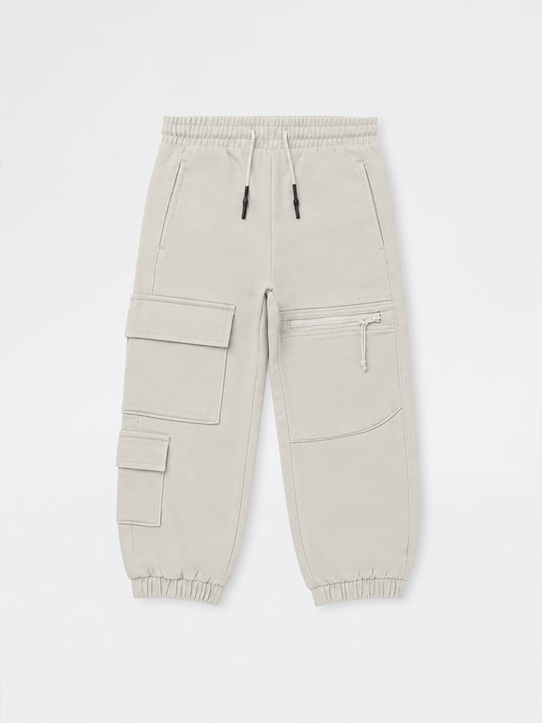 HOP Kids Boys Beige Cargo-Style Mid-Rise Cotton-Blend Joggers