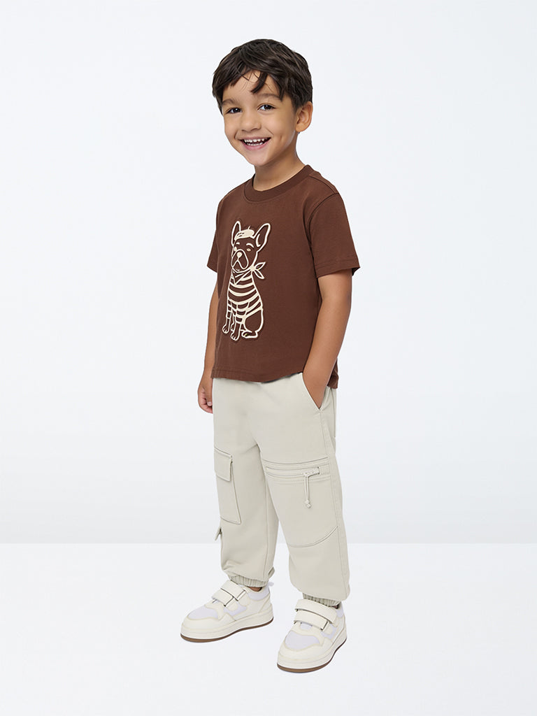 HOP Kids Boys Beige Cargo-Style Mid-Rise Cotton-Blend Joggers