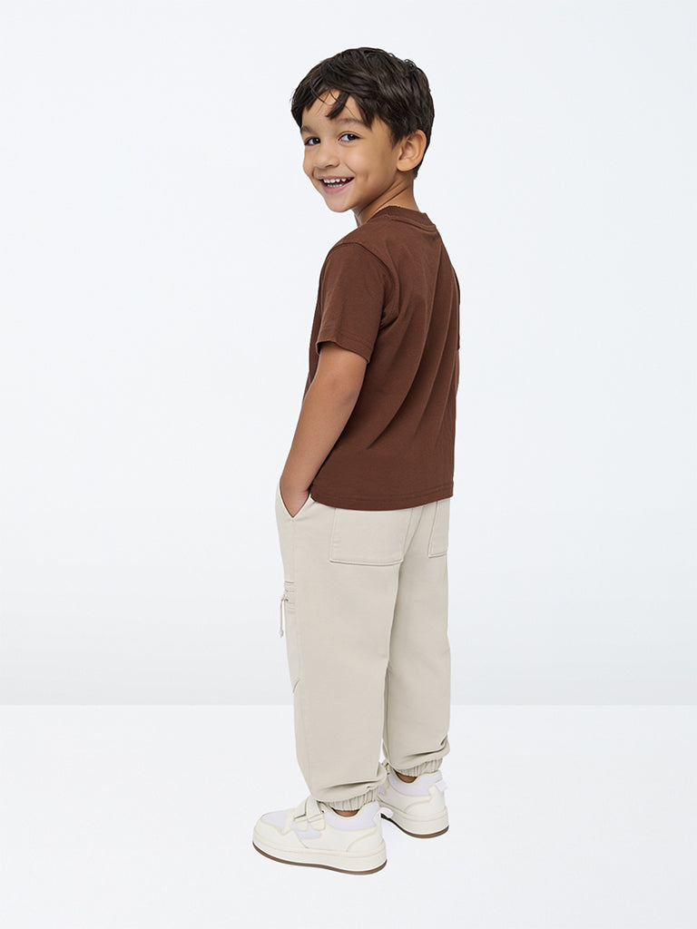 HOP Kids Boys Beige Cargo-Style Mid-Rise Cotton-Blend Joggers