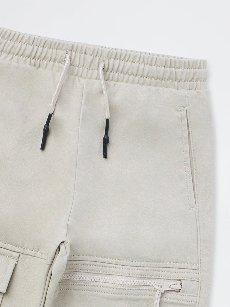 HOP Kids Boys Beige Cargo-Style Mid-Rise Cotton-Blend Joggers