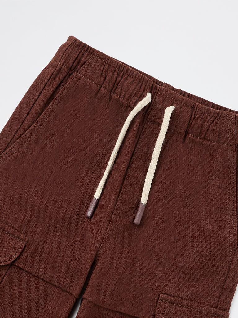 HOP Kids Boys Dark Brown Textured Mid-Rise Cotton-Blend Pants