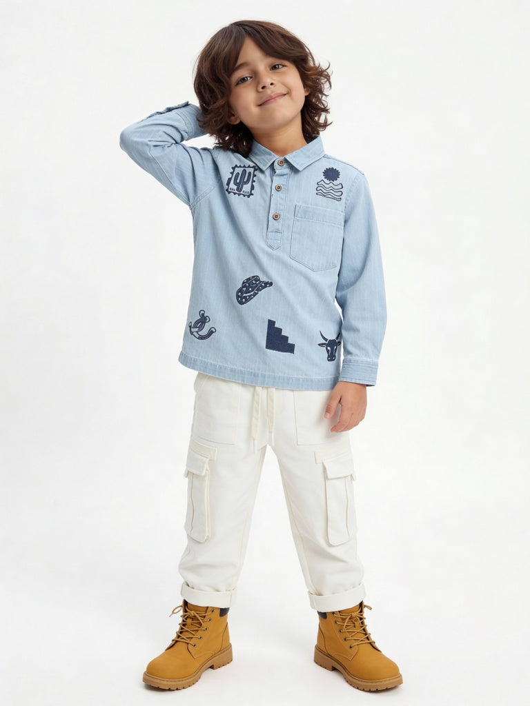 HOP Kids Boys Light Blue Embroidered Denim Shirt