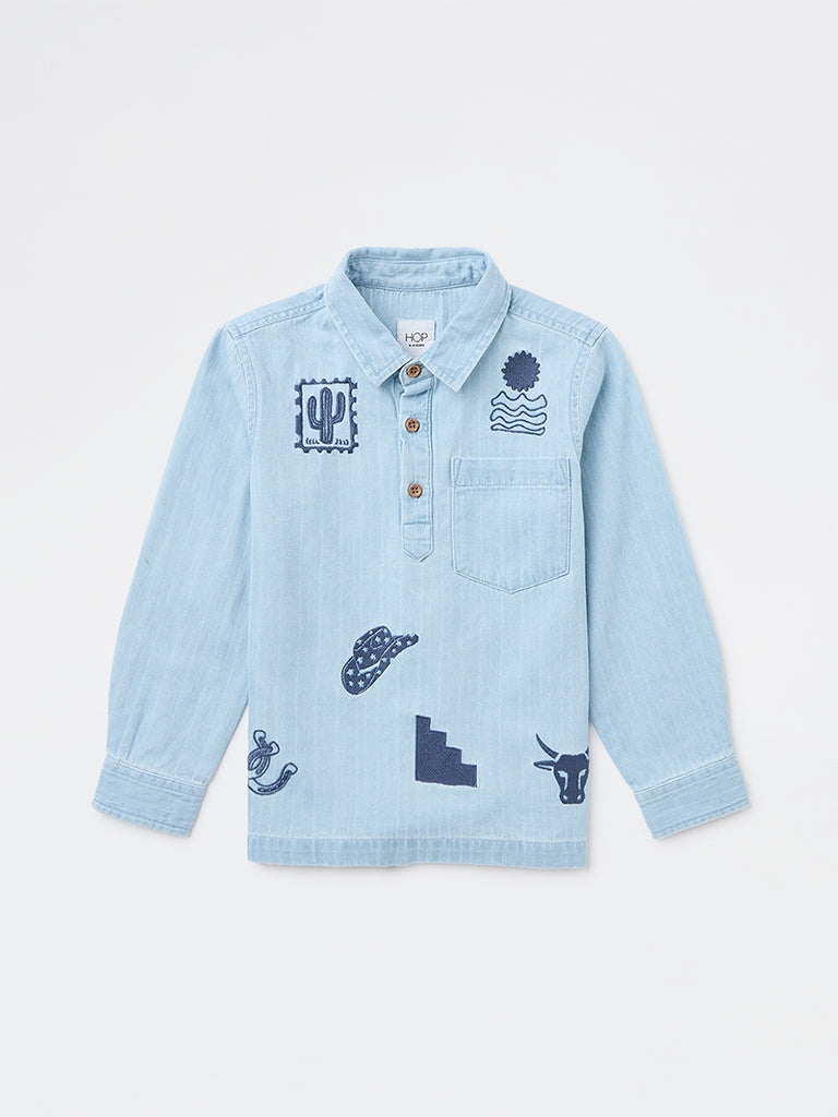 HOP Kids Boys Light Blue Embroidered Denim Shirt