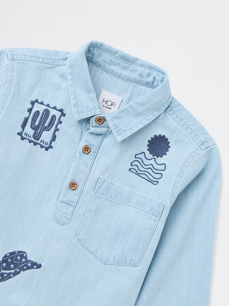 HOP Kids Boys Light Blue Embroidered Denim Shirt