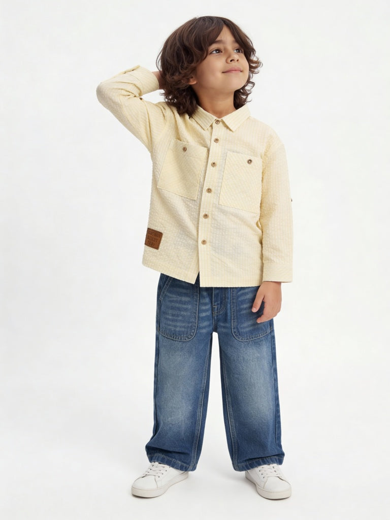 HOP Kids Boys Light Yellow Striped Textured Cotton Shirt
