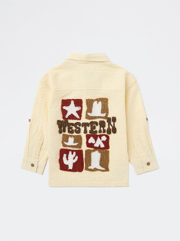 HOP Kids Boys Light Yellow Striped Textured Cotton Shirt