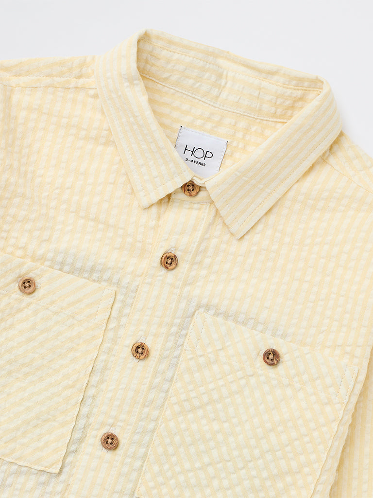 HOP Kids Boys Light Yellow Striped Textured Cotton Shirt