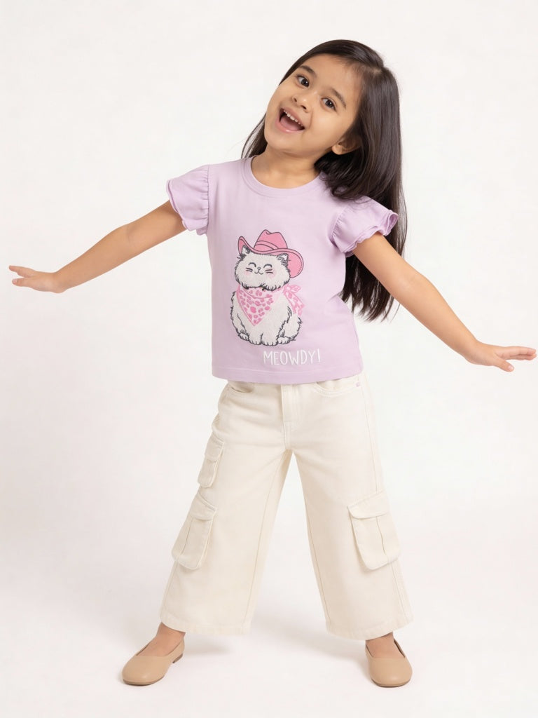 HOP Kids Girls Lilac Animal Embroidered Cotton Top