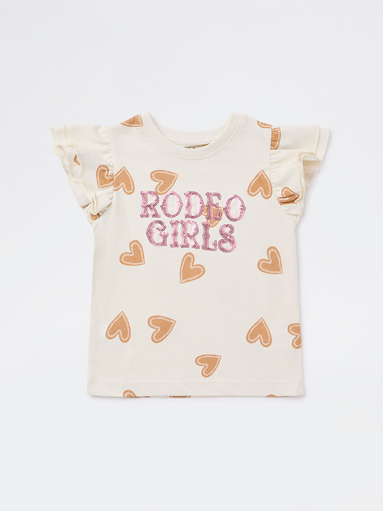 HOP Kids Girls Off-White Text Embellished Cotton Top
