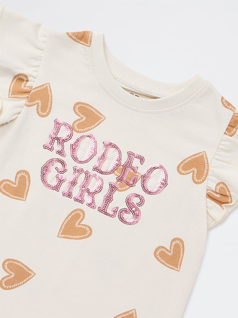 HOP Kids Girls Off-White Text Embellished Cotton Top