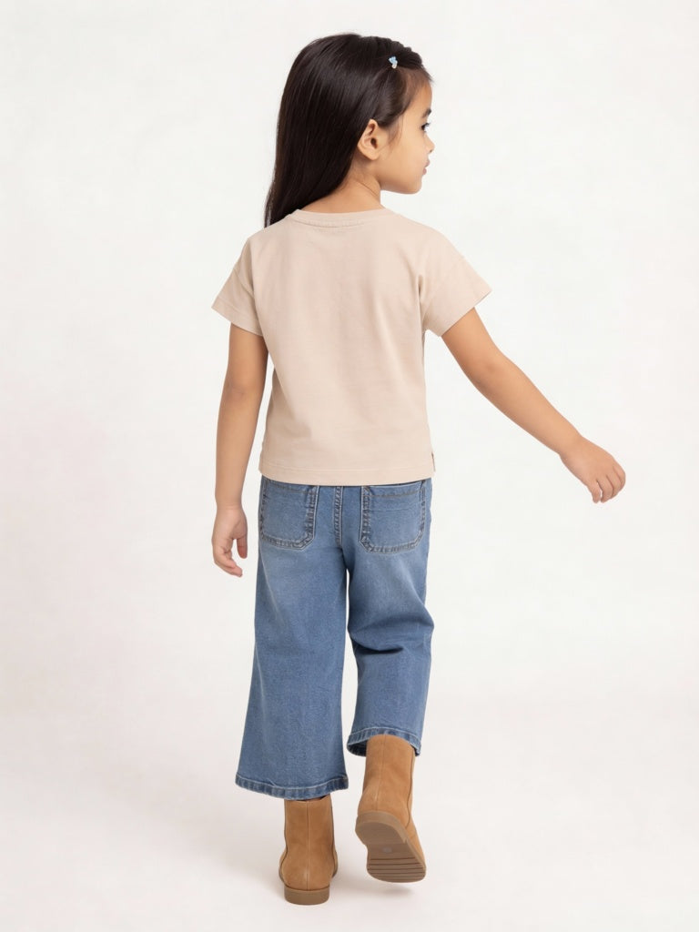 HOP Kids Girls Beige Embroidered Cotton T-Shirt