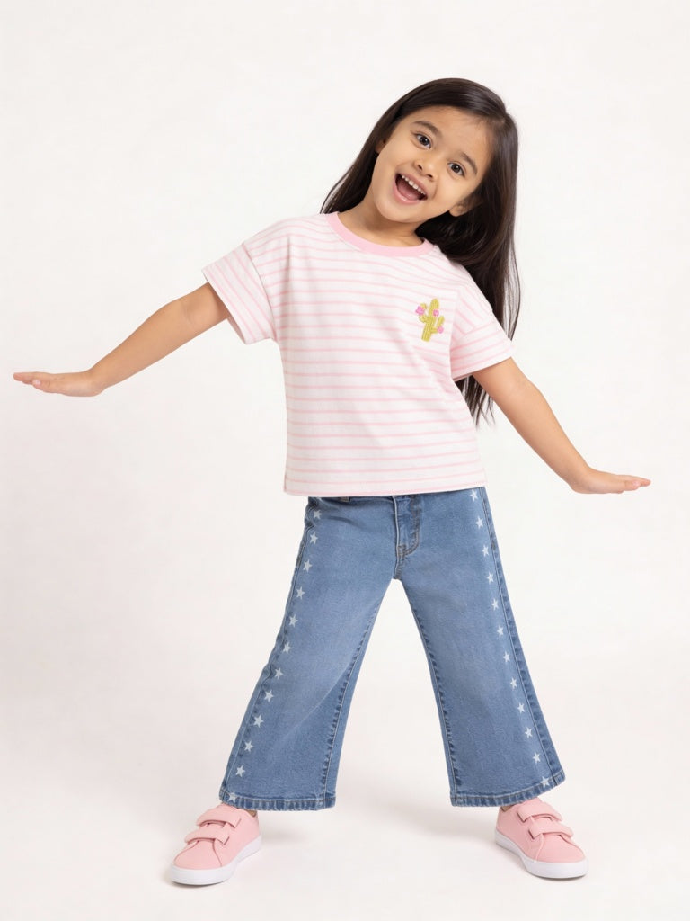HOP Kids Girls Pink Striped Cotton T-Shirt