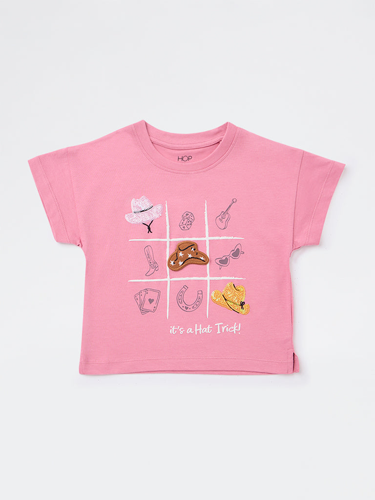 HOP Kids Girls Dusty Pink Musical-Themed Cotton T-Shirt