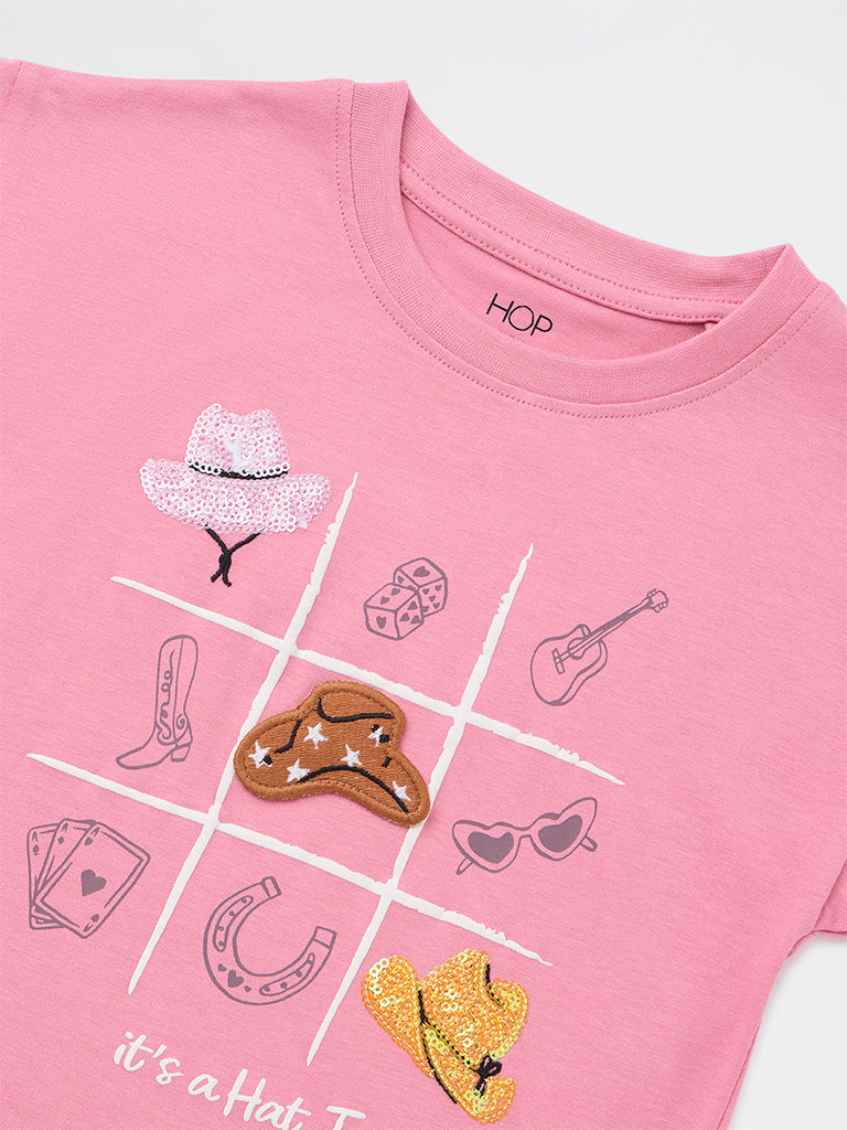 HOP Kids Girls Dusty Pink Musical-Themed Cotton T-Shirt