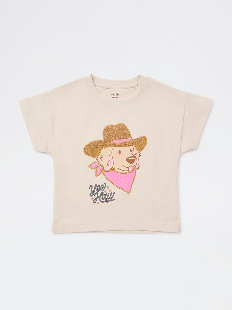 HOP Kids Girls Beige Embroidered Cotton T-Shirt