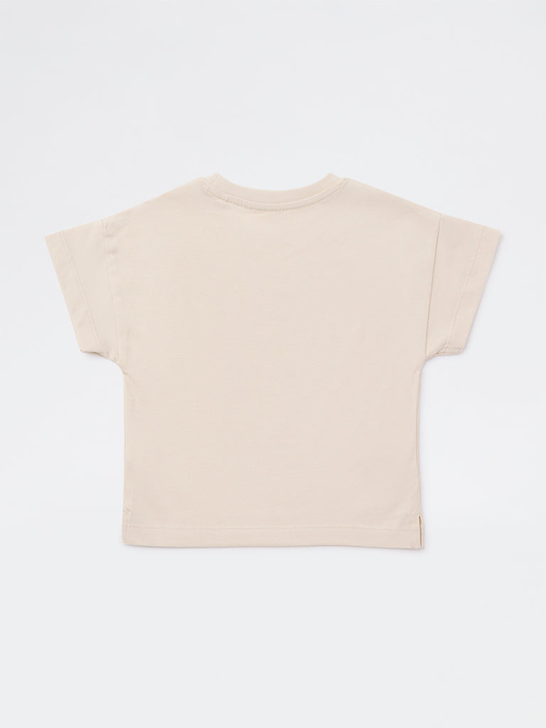 HOP Kids Girls Beige Embroidered Cotton T-Shirt