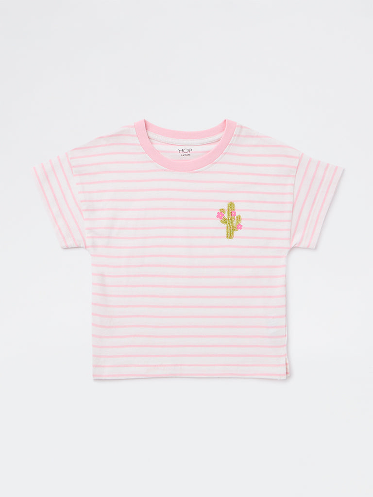 HOP Kids Girls Pink Striped Cotton T-Shirt