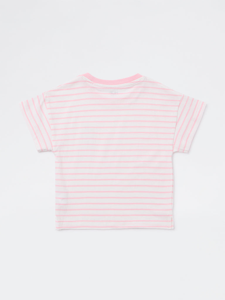 HOP Kids Girls Pink Striped Cotton T-Shirt