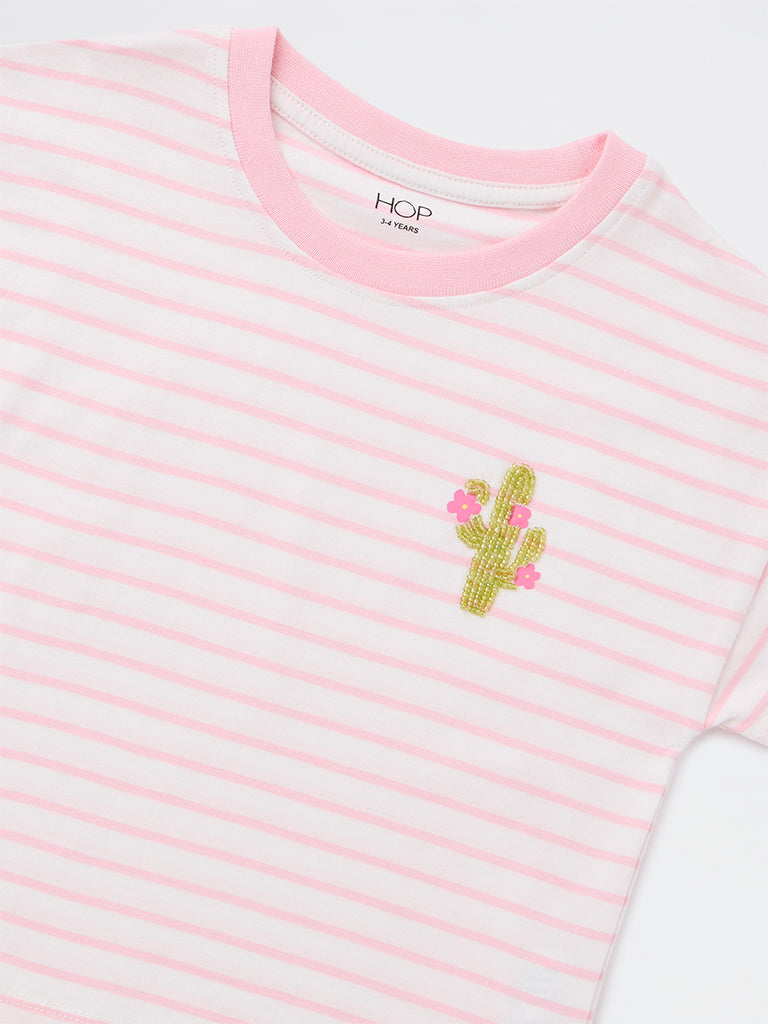 HOP Kids Girls Pink Striped Cotton T-Shirt