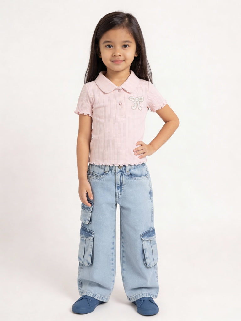 HOP Kids Girls Light Blue Washed Mid-Rise Denim Jeans