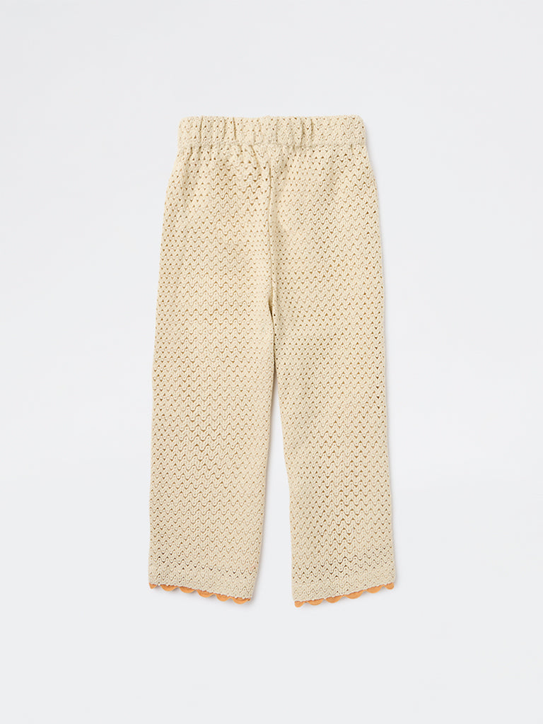 HOP Kids Girls Cream Crochet-Knit Mid-Rise Cotton Pants