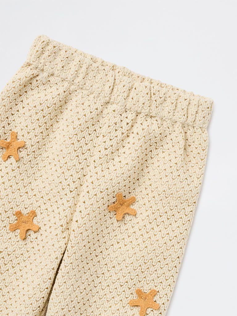 HOP Kids Girls Cream Crochet-Knit Mid-Rise Cotton Pants
