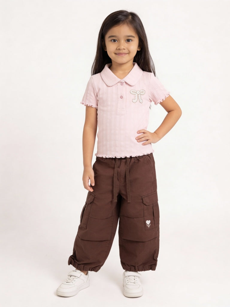 HOP Kids Girls Dark Brown Embroidered Mid-Rise Cotton Joggers