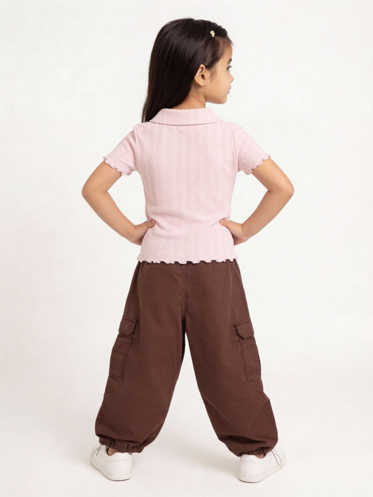 HOP Kids Girls Dark Brown Embroidered Mid-Rise Cotton Joggers