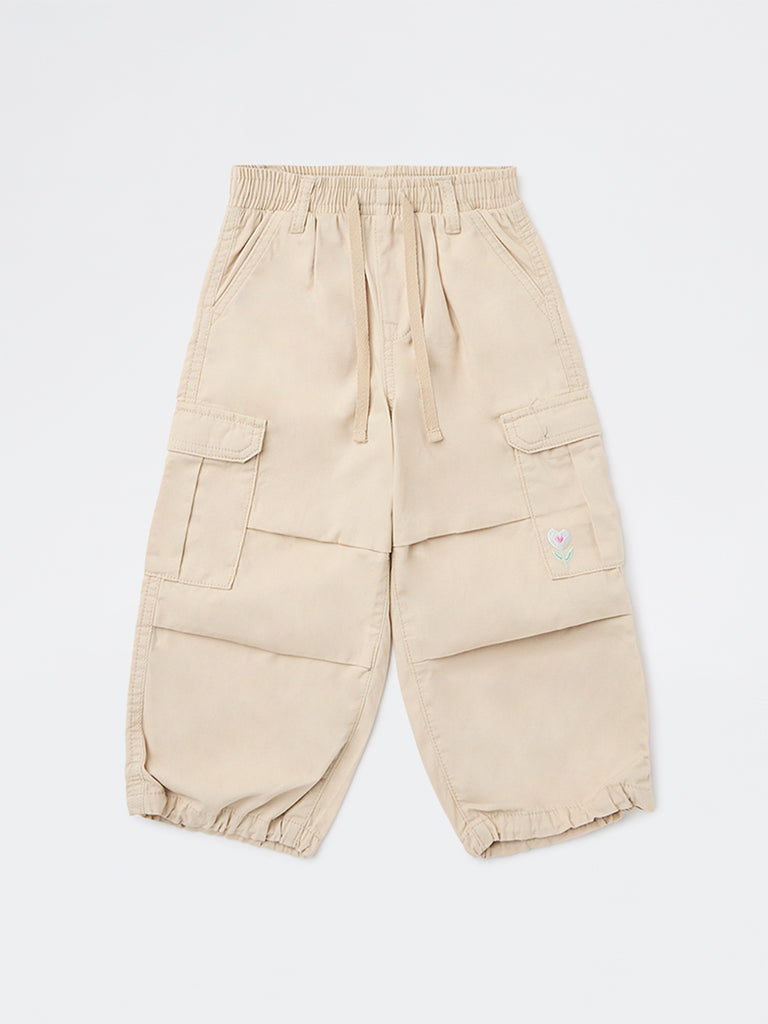 HOP Kids Girls Beige Solid High-Rise Cotton Joggers