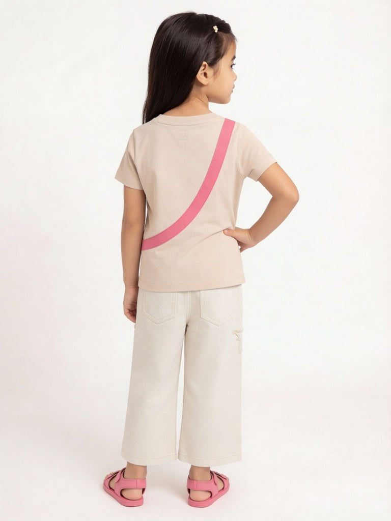 HOP Kids Girls Beige Embroidered Cotton T-Shirt