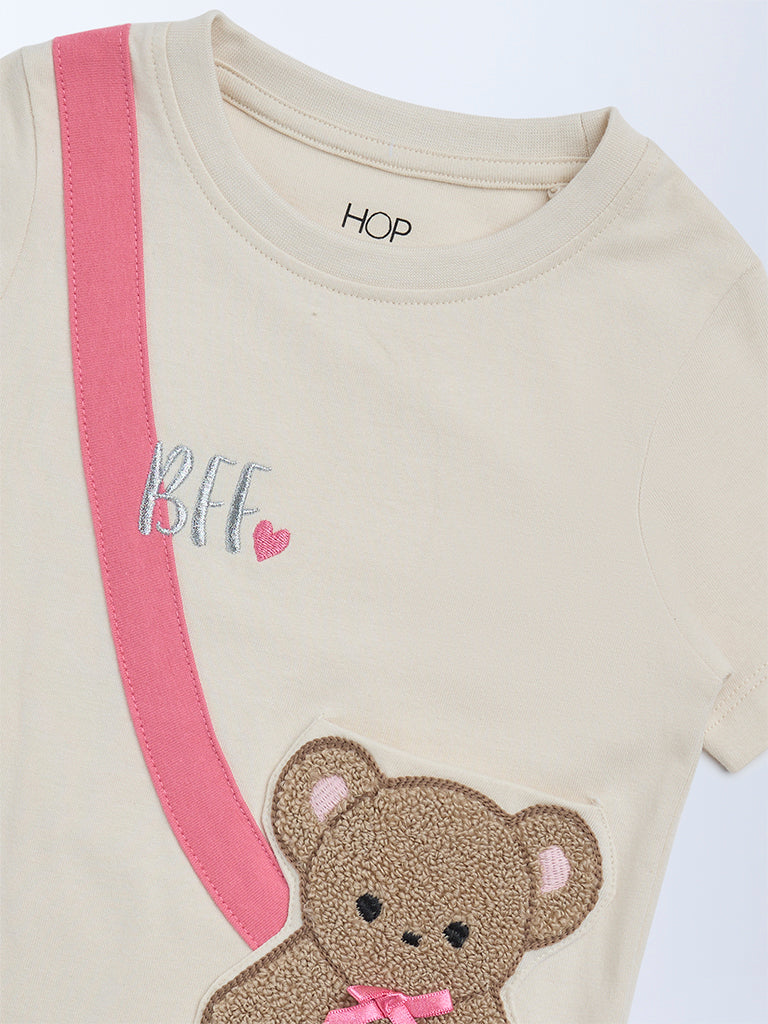 HOP Kids Girls Beige Embroidered Cotton T-Shirt